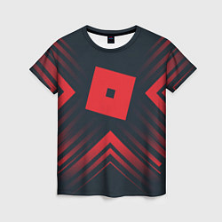 Футболка женская Красный символ Roblox на темном фоне со стрелками, цвет: 3D-принт