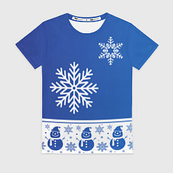 Футболка женская Снеговики в снежинках синие, цвет: 3D-принт