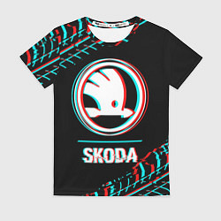 Футболка женская Значок Skoda в стиле glitch на темном фоне, цвет: 3D-принт