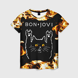 Футболка женская Bon Jovi рок кот и огонь, цвет: 3D-принт