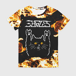 Футболка женская Eagles рок кот и огонь, цвет: 3D-принт