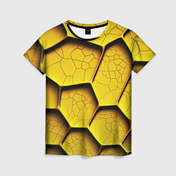 Футболка женская Желтые шестиугольники с трещинами - объемная текст, цвет: 3D-принт