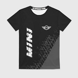 Женская футболка Mini speed на темном фоне со следами шин: надпись,