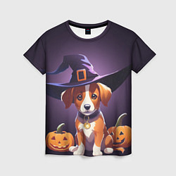 Женская футболка Песик и две тыквы на Хэллоуин