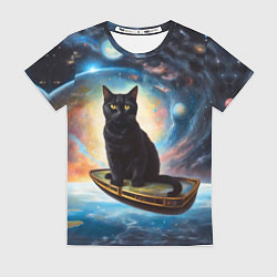 Женская футболка Черный кот на космическом корабле летящий в космос