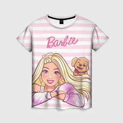 Футболка женская Барби с щенком: розово-белая горизонтальная полоск, цвет: 3D-принт