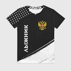 Женская футболка Лыжник из России и герб РФ вертикально