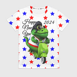 Женская футболка Крутой дракон на скутере 2024