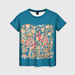 Женская футболка Цветущий русский сад с птицами и плодами