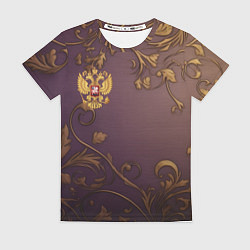 Футболка женская Герб России золотой на фиолетовом фоне, цвет: 3D-принт