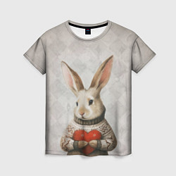 Футболка женская Влюблённый кролик в свитере с сердцем, цвет: 3D-принт