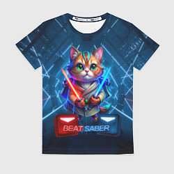 Женская футболка Beat Saber кот музыкальный джедай