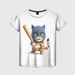 Женская футболка Прикольный котёнок с бейсбольной битой и в балакла