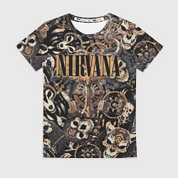 Женская футболка Nirvana на фоне масок викингов рун и воронов