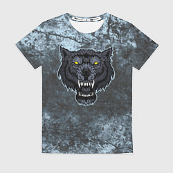 Футболка женская Темно-синий злой волк на абстрактном фоне, цвет: 3D-принт