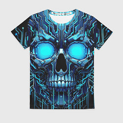 Женская футболка Неоновый кибер череп - нейроарт микросхема