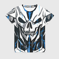 Футболка женская Белый череп и синие полосы на чёрном фоне, цвет: 3D-принт
