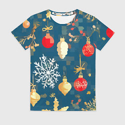 Футболка женская Ёлочные игрушки и снежинки, цвет: 3D-принт