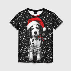 Футболка женская Далматинец в шапке Деда Мороза, цвет: 3D-принт