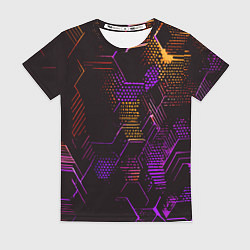 Футболка женская Жёлто-фиолетовые точки и линии на чёрном фоне, цвет: 3D-принт