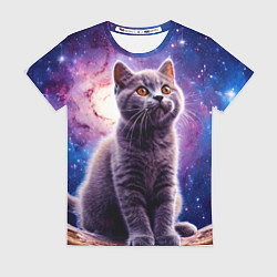 Женская футболка Британская короткошёрстная кошка в космосе