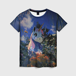 Футболка женская Синий единорог в кустах, цвет: 3D-принт
