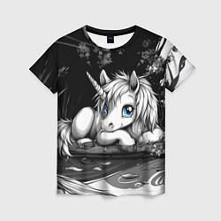 Футболка женская Белый единорог с голубыми глазами, цвет: 3D-принт