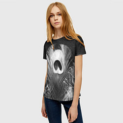 Футболка женская Изогнутые белые перья павлина - чб иллюстрация, цвет: 3D-принт — фото 2