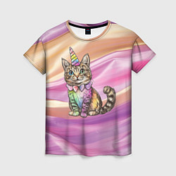 Женская футболка Котенок в костюме единорога