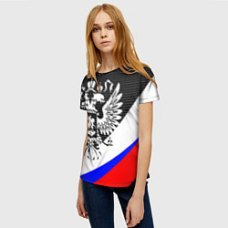 Футболка женская Герб России и государственный флаг на чёрном фоне, цвет: 3D-принт — фото 2