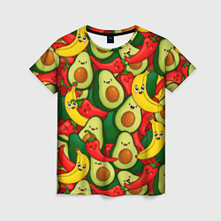 Футболка женская Авокадо, бананы, перцы чили улыбаются - паттерн фр, цвет: 3D-принт