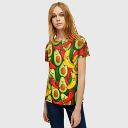 Футболка женская Авокадо, бананы, перцы чили улыбаются - паттерн фр, цвет: 3D-принт — фото 2