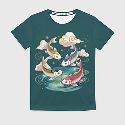 Женская футболка Рыбы в облаках над прудом