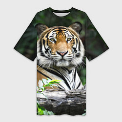 Футболка женская длинная Тигр в джунглях, цвет: 3D-принт
