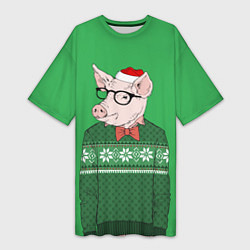 Женская длинная футболка New Year: Hipster Piggy