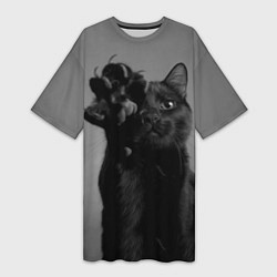 Футболка женская длинная Черный котик, цвет: 3D-принт