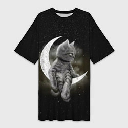 Женская длинная футболка Кот на луне