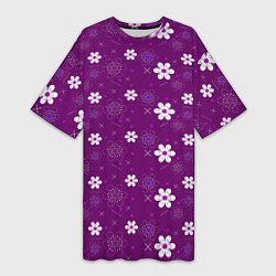 Женская длинная футболка Узор цветы на фиолетовом фоне