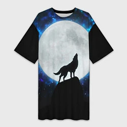 Футболка женская длинная Волк воющий на луну, цвет: 3D-принт