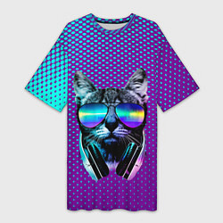 Женская длинная футболка Кот очки наушники модный