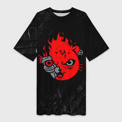 Женская длинная футболка CYBERPUNK 2077 КОТ КИАНУ РИВЗ