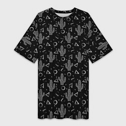 Футболка женская длинная Черно белые кактусы, цвет: 3D-принт