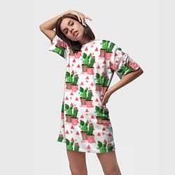 Футболка женская длинная Кактусы в горшках, цвет: 3D-принт — фото 2