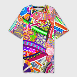 Женская длинная футболка Разноцветные яркие рыбки на абстрактном цветном фо