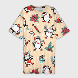 Женская длинная футболка Пингвины новогодние