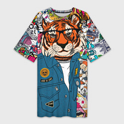 Женская длинная футболка Стикербомбинг с тигром