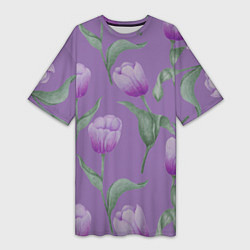 Женская длинная футболка Фиолетовые тюльпаны с зелеными листьями