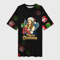 Женская длинная футболка Merry Christmas Снегурочка с подарком