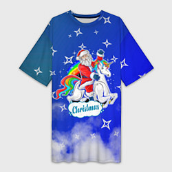 Женская длинная футболка Новогодний Санта с Единорогом