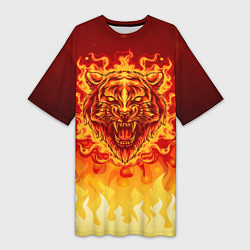Женская длинная футболка Огненный тигр в пламени